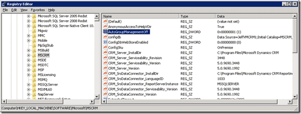 Set Computer\HKEY_LOCAL_MACHINE\SOFTWARE\Microsoft\MSCRM\AutoGroupManagementOff = 1