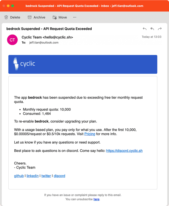 很快收到了 Cyclic 平台的服务中止邮件